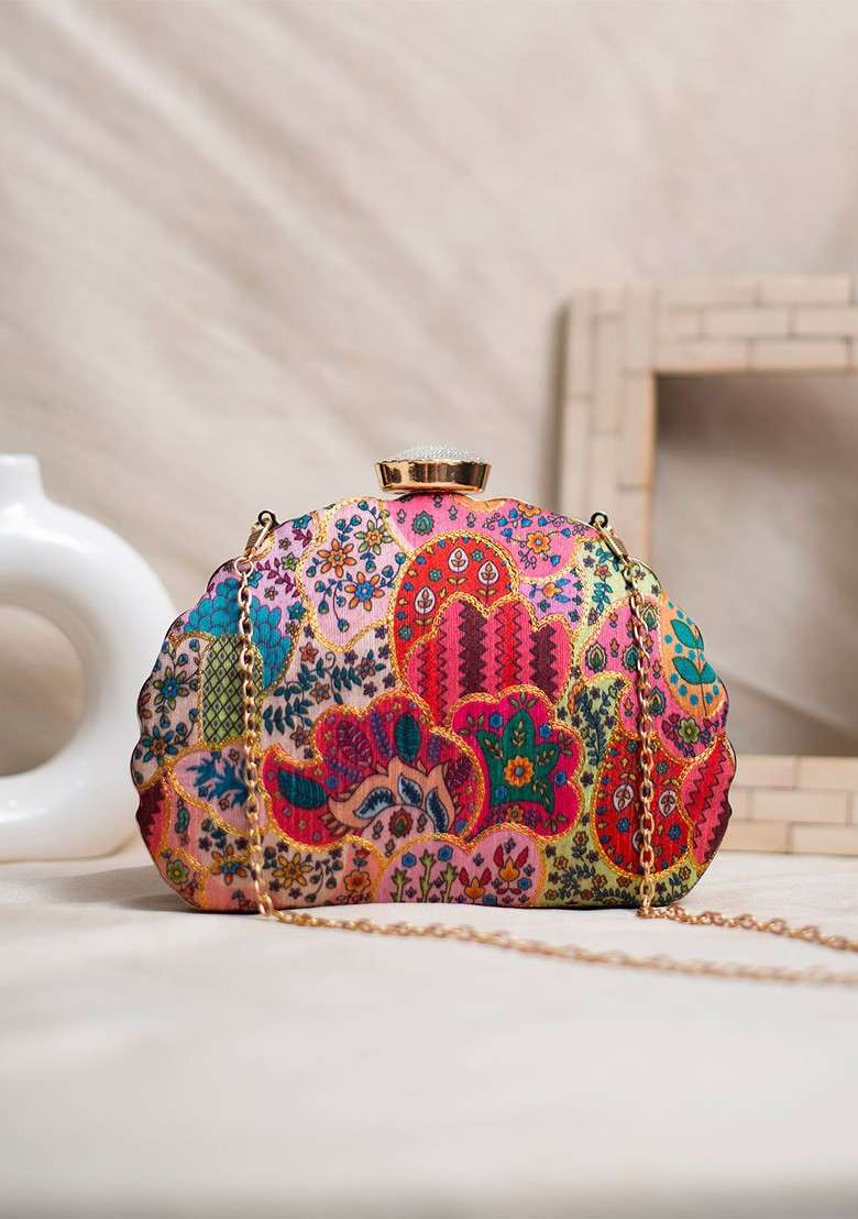 Pink Satin Embroidered Box Clutch - Indya
