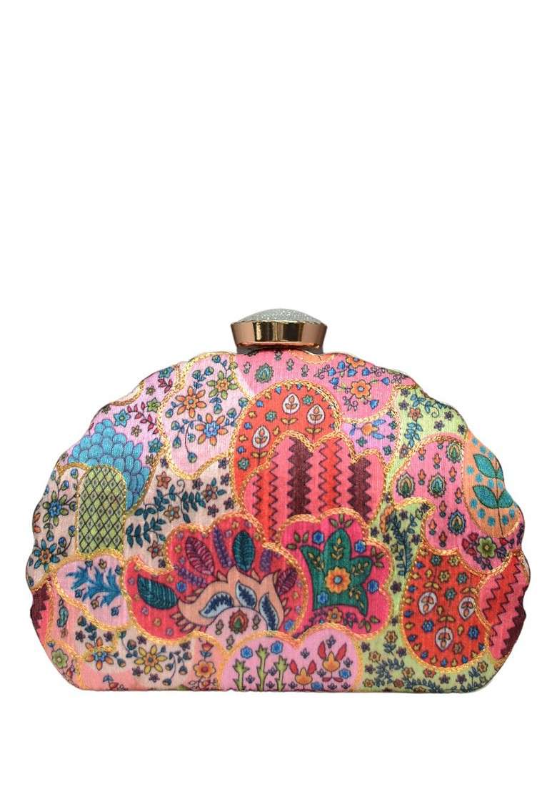 Pink Satin Embroidered Box Clutch - Indya