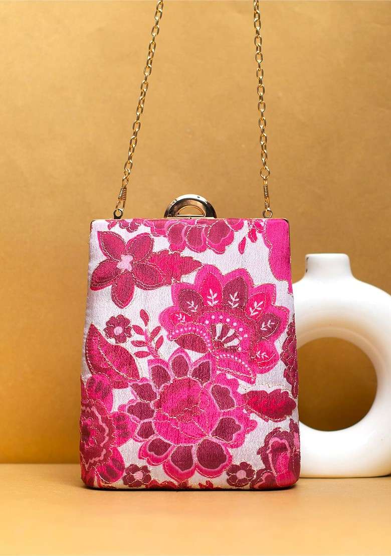 White Fabric Floral Printed Embroidered Box Clutch - Indya