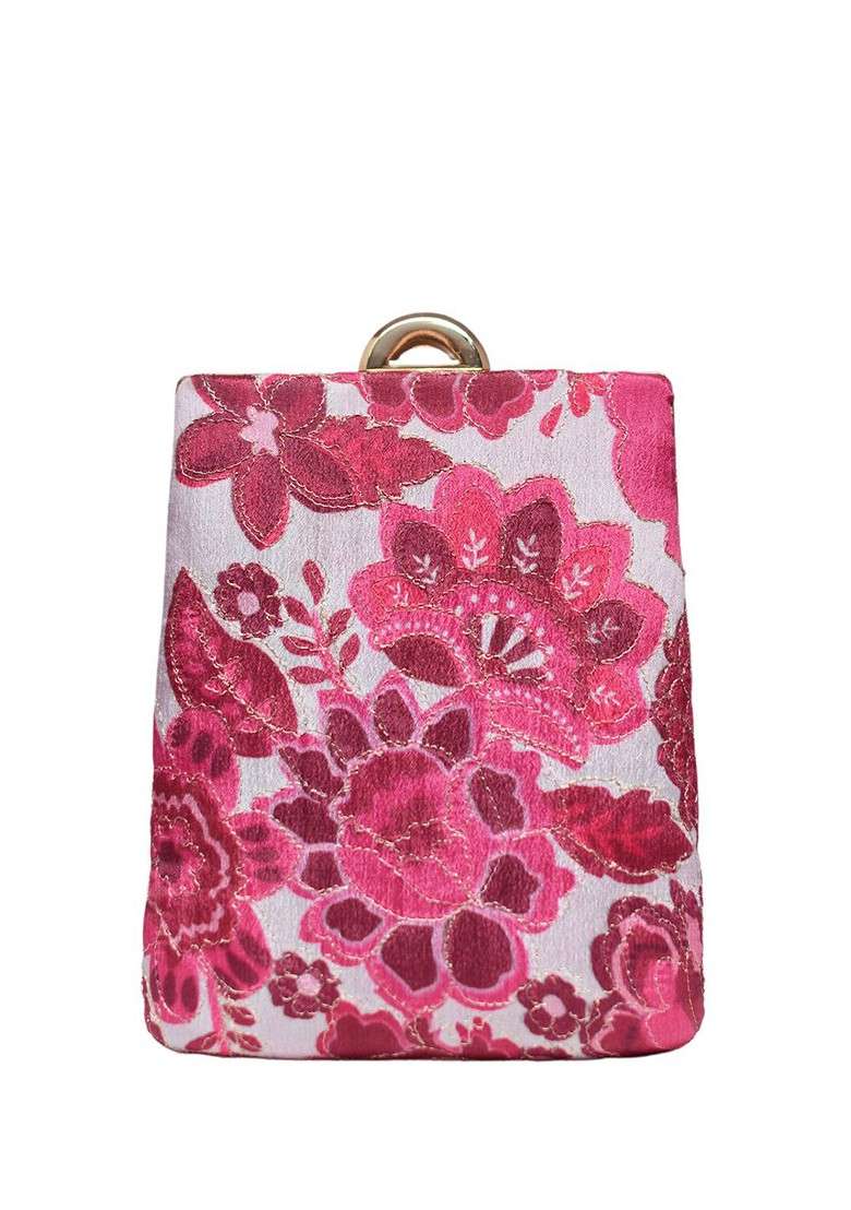 White Fabric Floral Printed Embroidered Box Clutch - Indya