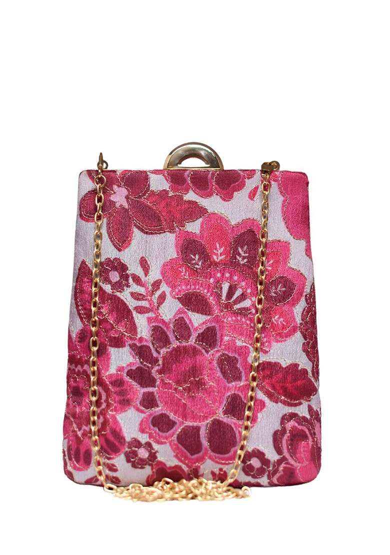 White Fabric Floral Printed Embroidered Box Clutch - Indya