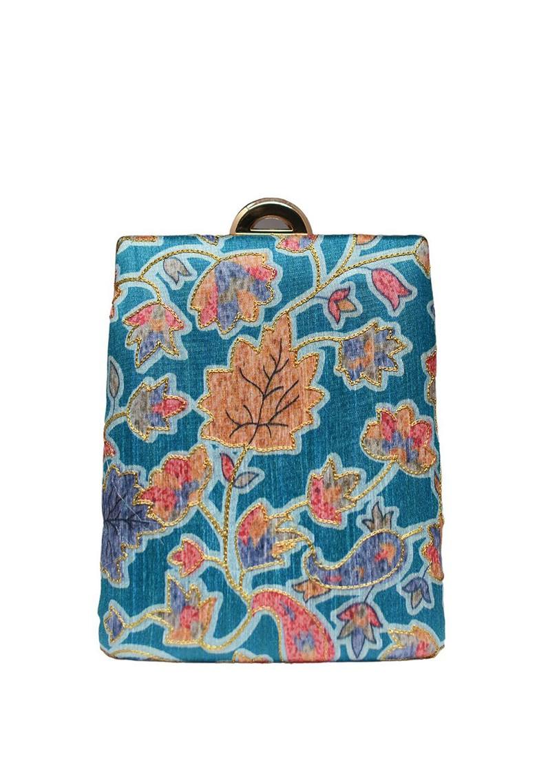 Blue Fabric Floral Printed Zari Brocade Box Clutch - Indya