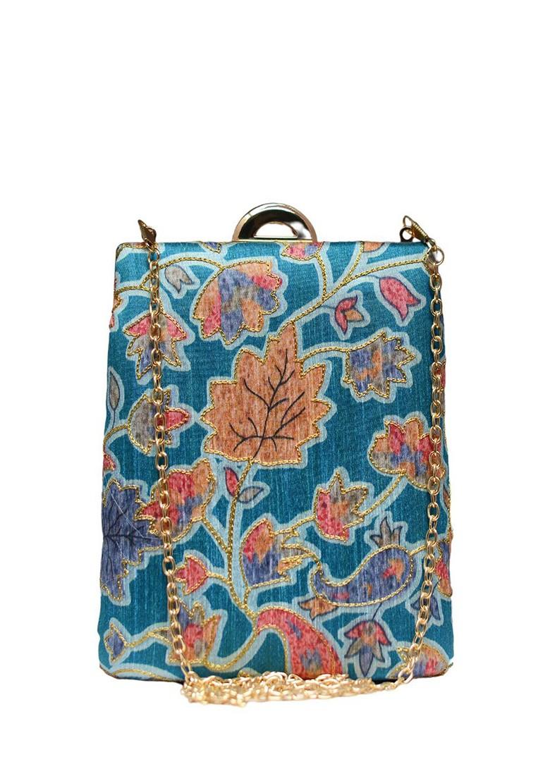 Blue Fabric Floral Printed Zari Brocade Box Clutch - Indya