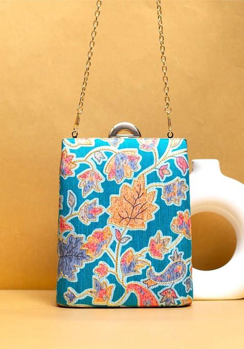 Blue Fabric Floral Printed Zari Brocade Box Clutch