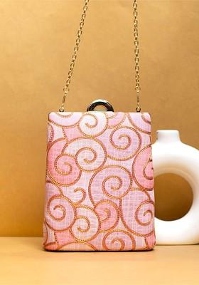 Pink Satin Embroidered Zari Box Clutch