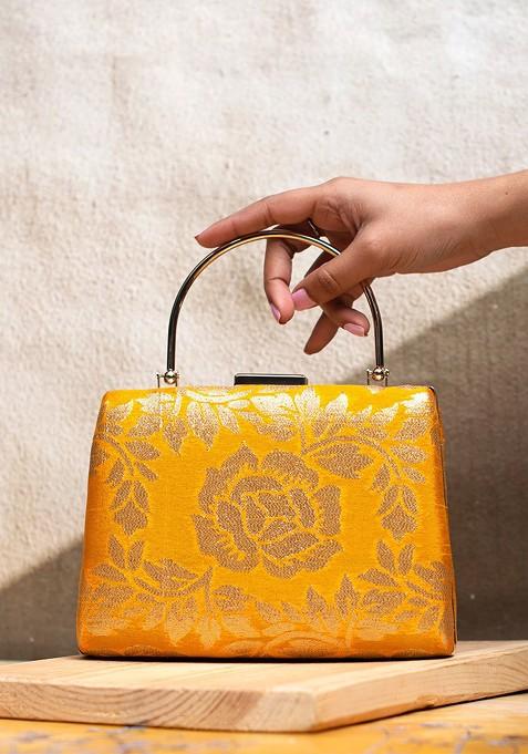 Yellow Satin Embroidered Box Clutch
