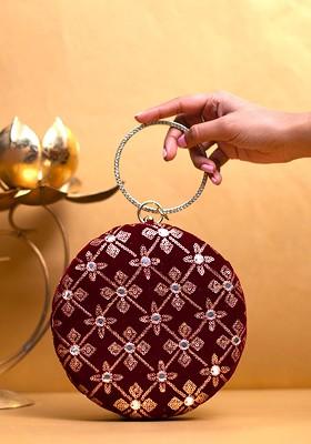 Maroon Satin Embroidered Box Clutch
