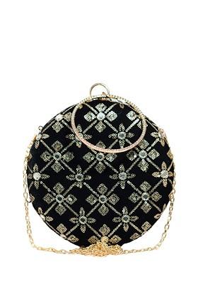 Black Satin Embroidered Box Clutch