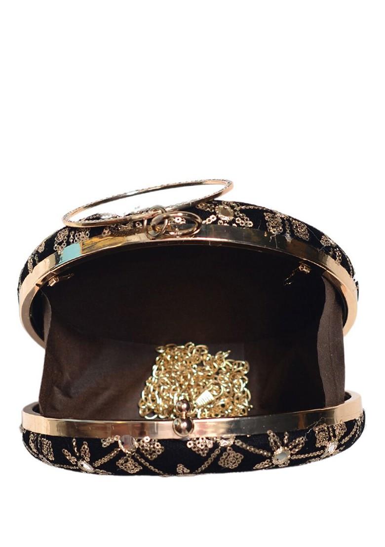 Black Satin Embroidered Box Clutch - Indya