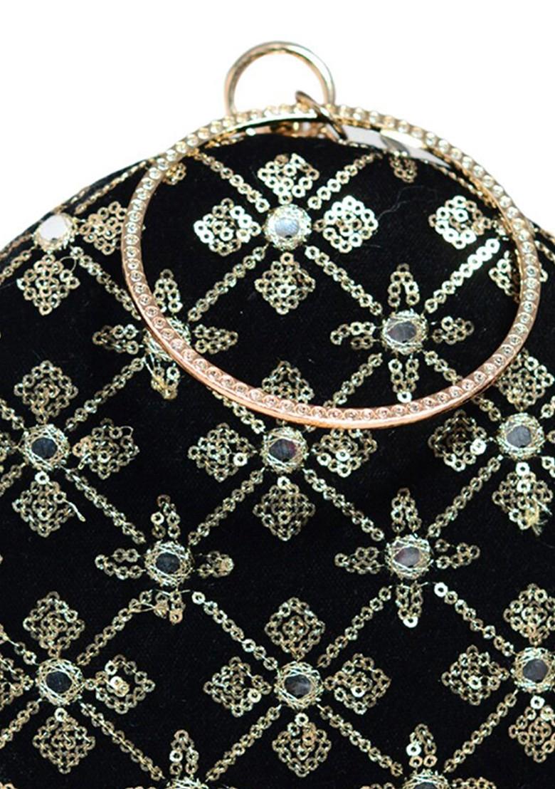 Black Satin Embroidered Box Clutch - Indya