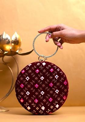 Maroon Satin Embroidered Box Clutch