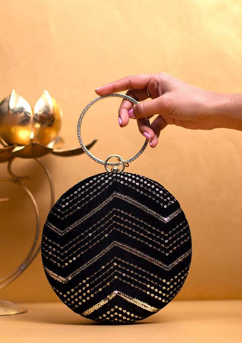 Black Satin Embroidered Box Clutch - Indya
