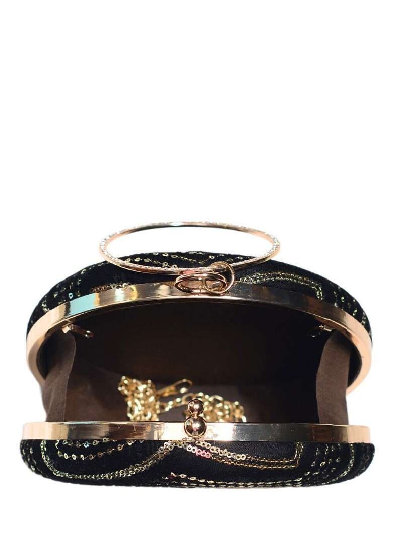 Black Satin Embroidered Box Clutch - Indya