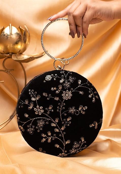 Black Satin Embroidered Box Clutch