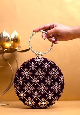 Purple Satin Embroidered Box Clutch