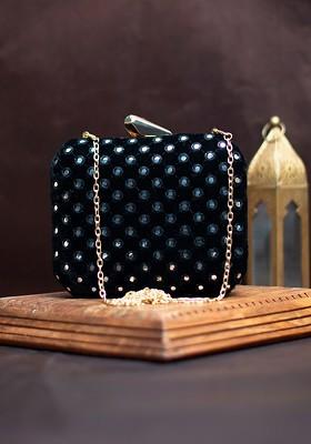 Black Satin Embroidered Box Clutch