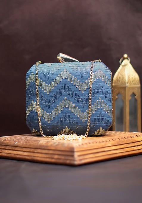 Blue Satin Embroidered Box Clutch