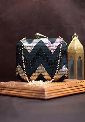 Black Satin Embroidered Box Clutch
