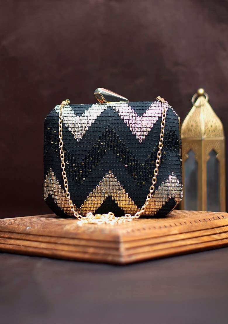 Black Satin Embroidered Box Clutch - Indya