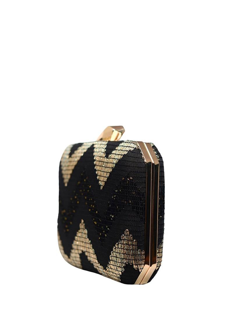 Black Satin Embroidered Box Clutch - Indya
