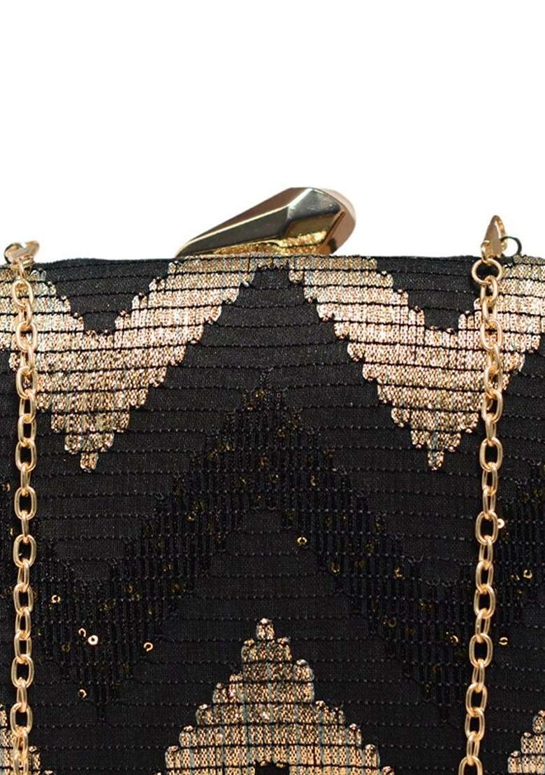 Black Satin Embroidered Box Clutch - Indya