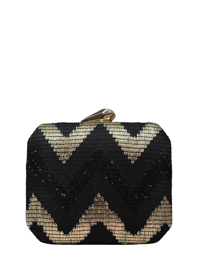 Black Satin Embroidered Box Clutch - Indya