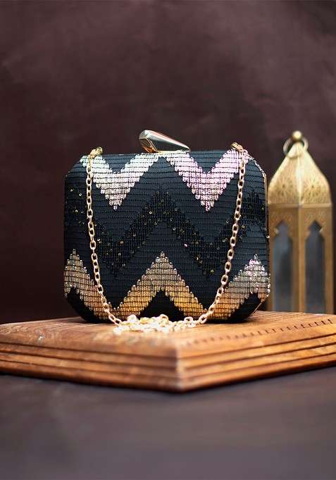 Black Satin Embroidered Box Clutch