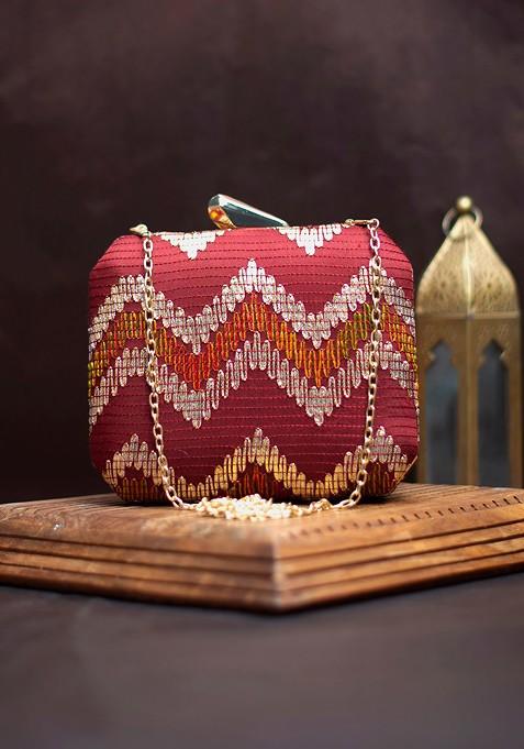 Red Satin Embroidered Box Clutch