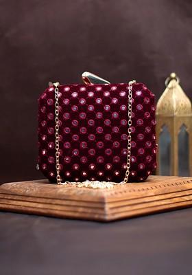 Maroon Satin Embroidered Box Clutch