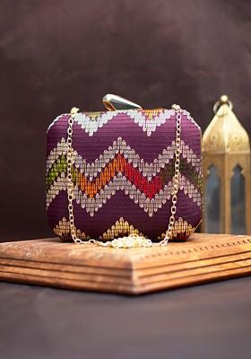 Purple Satin Embroidered Box Clutch