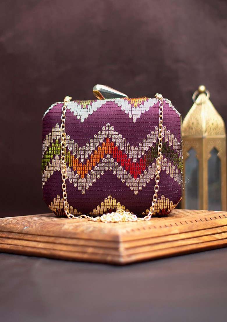 Purple Satin Embroidered Box Clutch - Indya