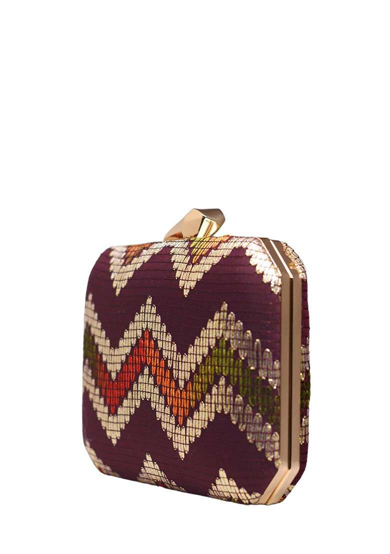 Purple Satin Embroidered Box Clutch - Indya