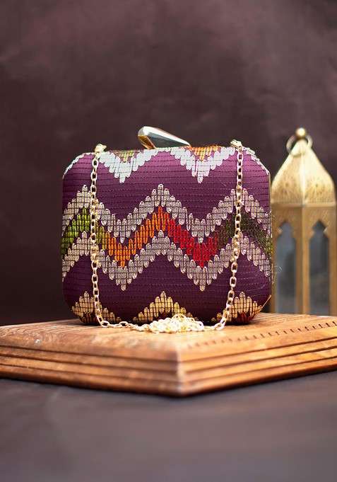 Purple Satin Embroidered Box Clutch