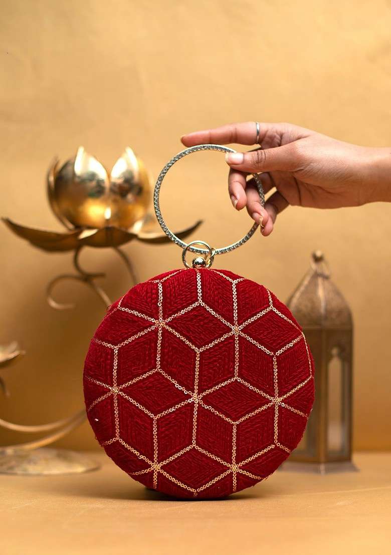 Red Satin Embroidered Box Clutch - Indya