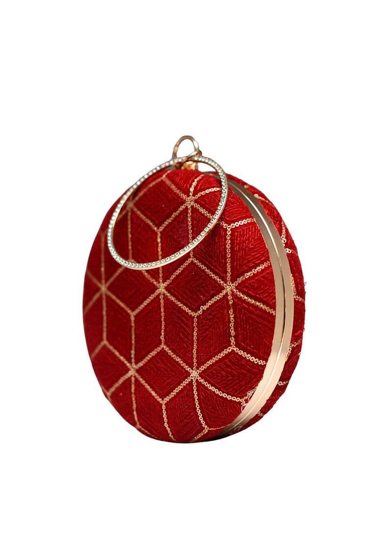 Red Satin Embroidered Box Clutch - Indya