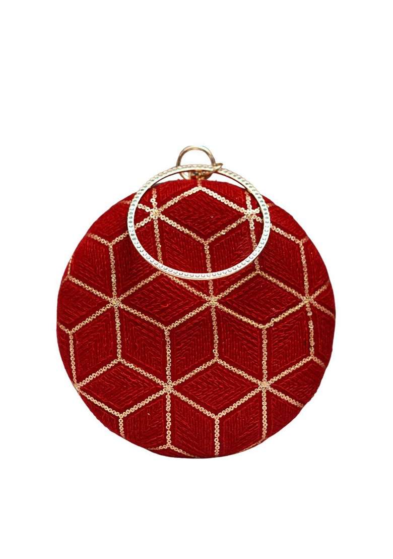 Red Satin Embroidered Box Clutch - Indya