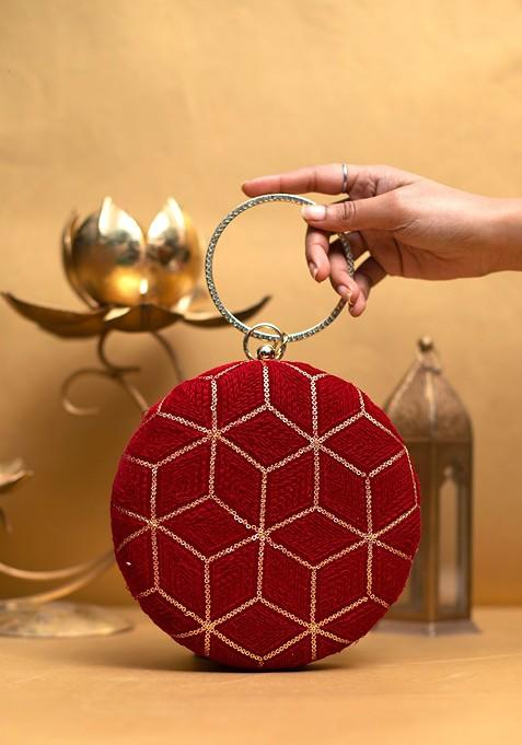 Red Satin Embroidered Box Clutch