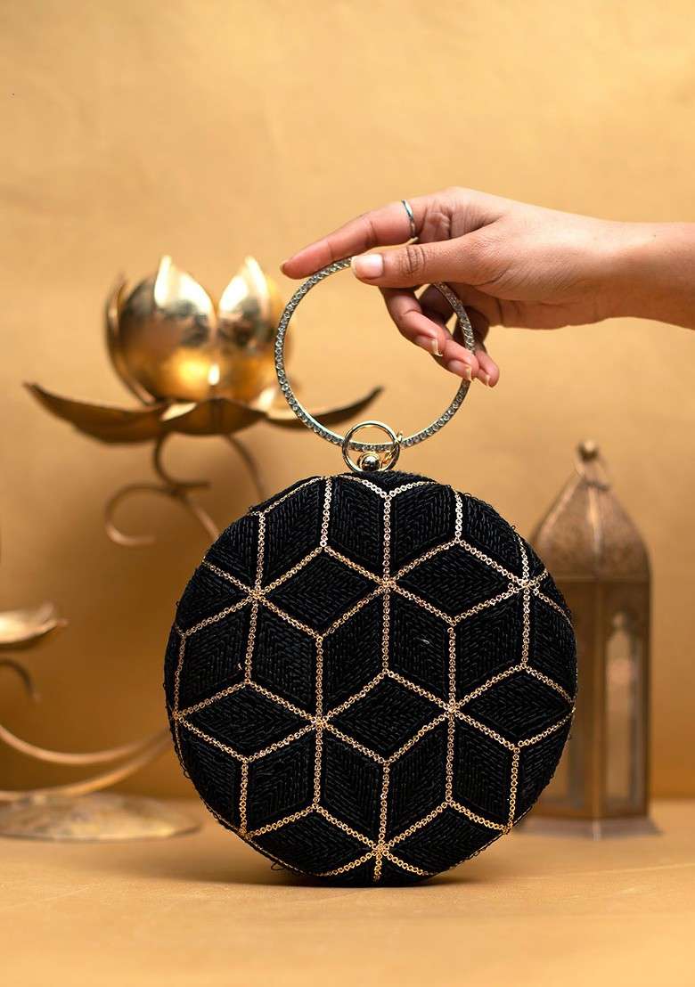 Black Satin Embroidered Box Clutch - Indya