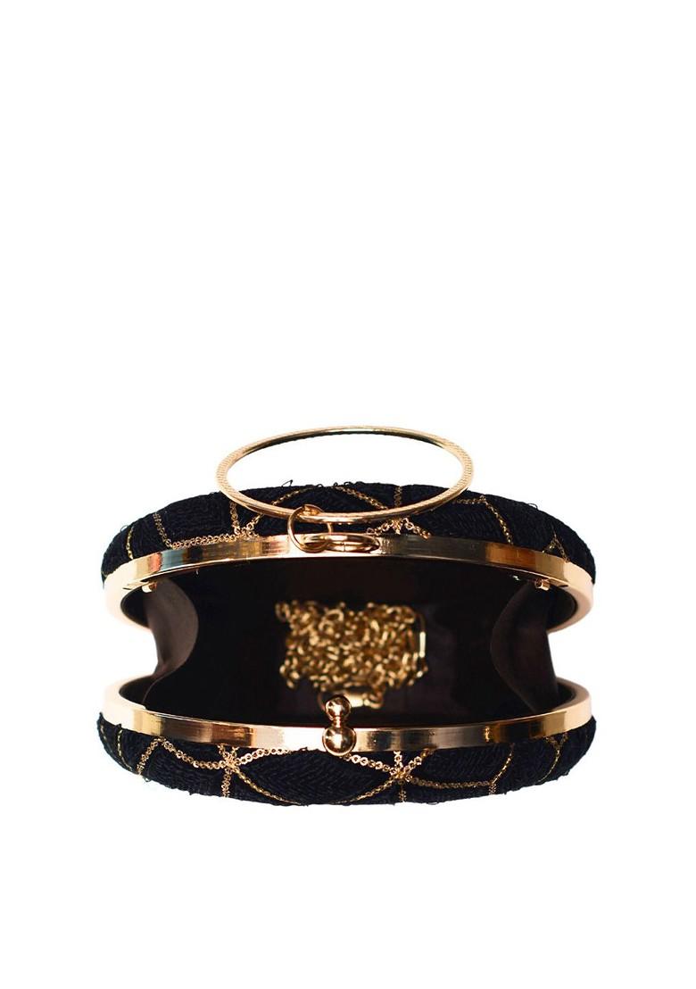 Black Satin Embroidered Box Clutch - Indya