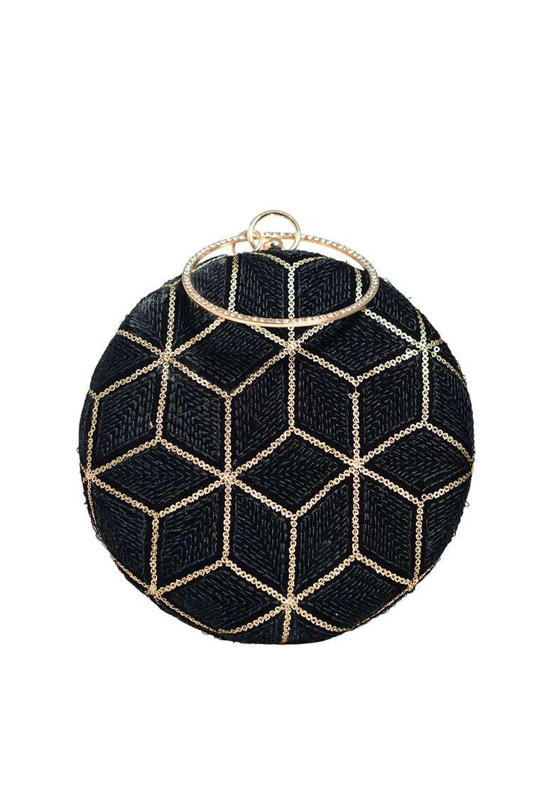 Black Satin Embroidered Box Clutch - Indya