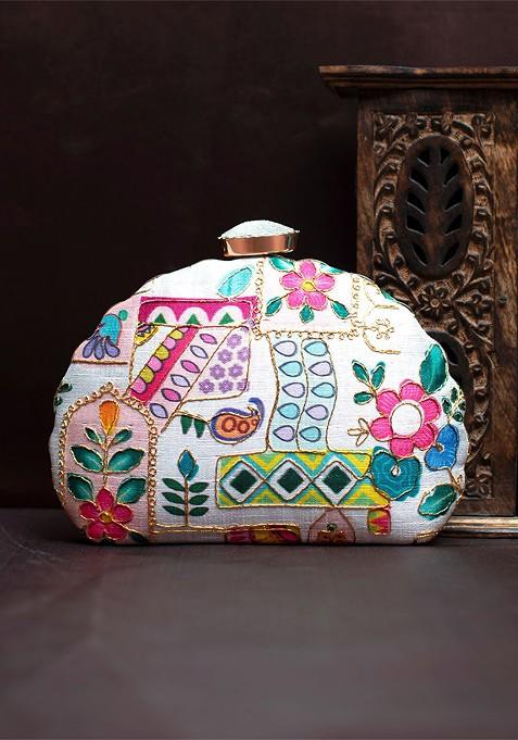 White Satin Embroidered Box Clutch