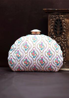 White Fabric Printed Embroidered Box Clutch