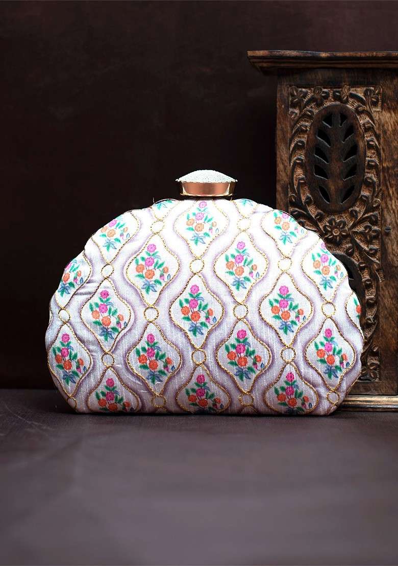 White Fabric Printed Embroidered Box Clutch - Indya