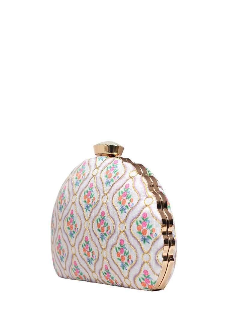 White Fabric Printed Embroidered Box Clutch - Indya