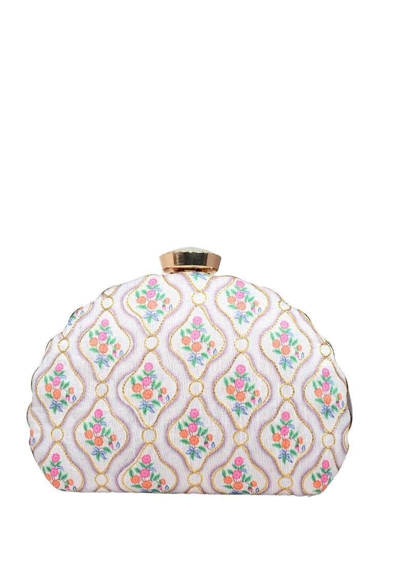 White Fabric Printed Embroidered Box Clutch - Indya