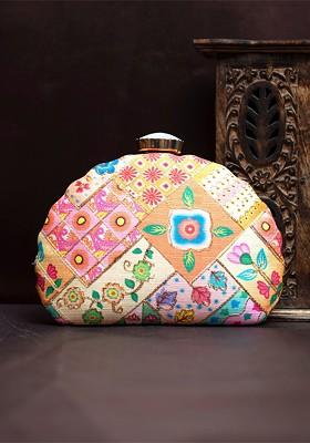 Orange Satin Embroidered Box Clutch