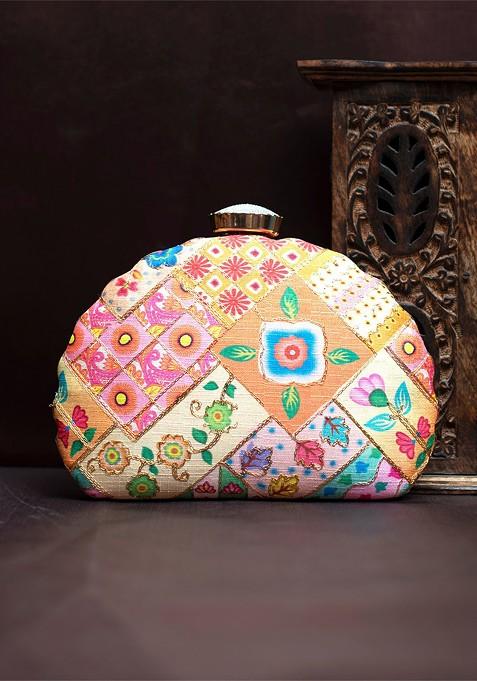 Orange Satin Embroidered Box Clutch