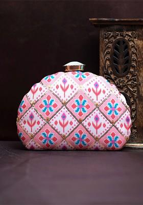 Pink Fabric Ethnic Motifs Printed Embroidered Box Clutch