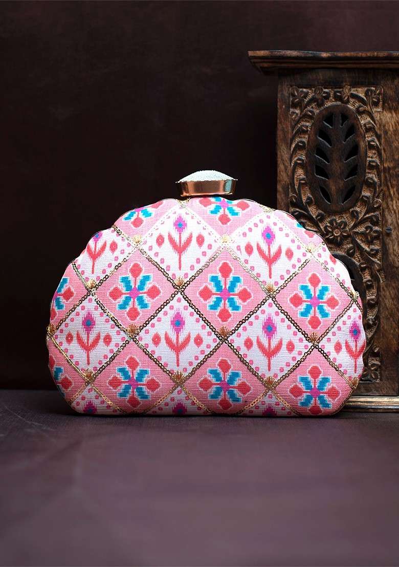 Pink Fabric Ethnic Motifs Printed Embroidered Box Clutch - Indya