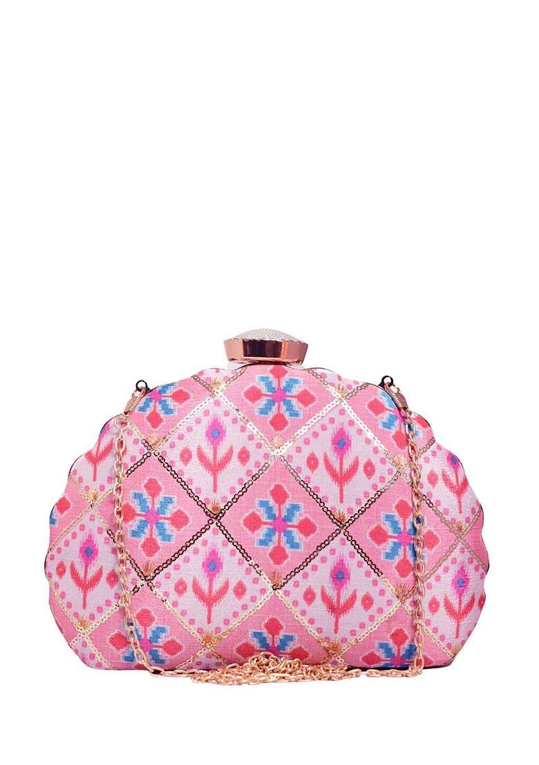 Pink Fabric Ethnic Motifs Printed Embroidered Box Clutch - Indya